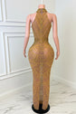 Yembi Fashion gold crystal maxi dress with high neck choker collar, plunging cutout bodice, draped chest chains, and sheer nude illusion mesh
