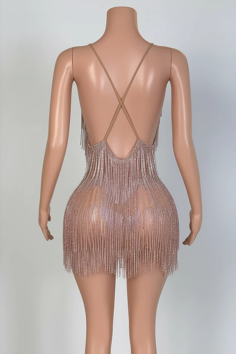Yembi Fashion pink rhinestone fringe mini dress with V-neckline, sheer nude illusion mesh, and vertical hanging crystal tassel strands