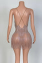 Yembi Fashion pink rhinestone fringe mini dress with V-neckline, sheer nude illusion mesh, and vertical hanging crystal tassel strands