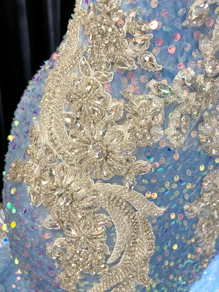 Off Shoulder Sequins Evening Dress with glitter accents, perfect for formal occasions or parties.