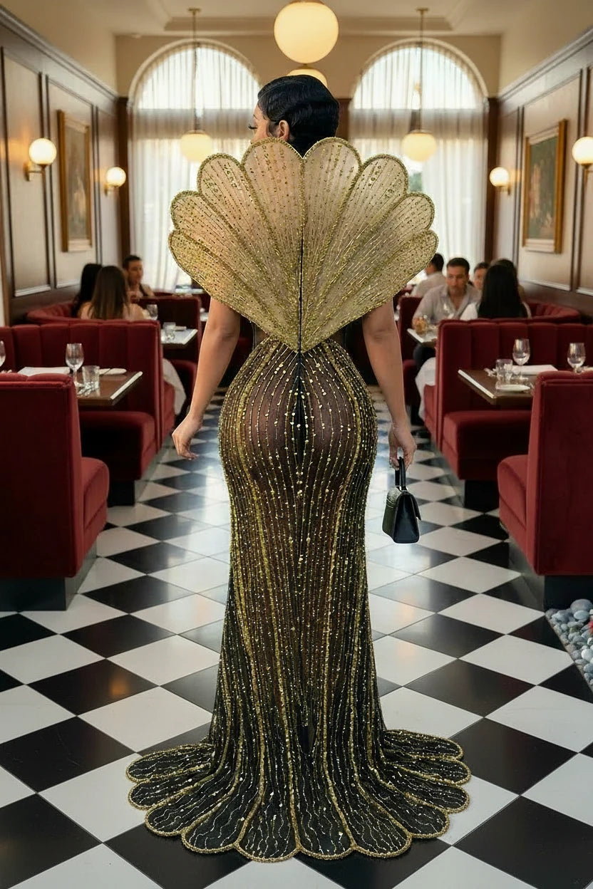 Yembi Fashion gold crystal maxi dress with structured avant-garde fan collar, sheer black nude illusion mesh, and vertical rhinestone linear lines with high slit