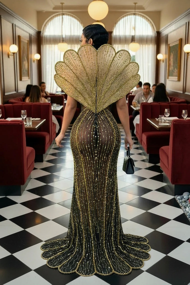 Yembi Fashion gold crystal maxi dress with structured avant-garde fan collar, sheer black nude illusion mesh, and vertical rhinestone linear lines with high slit