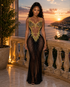 Yembi Fashion gold crystal maxi dress with plunging sweetheart neckline, sheer black nude illusion mesh, midriff cutouts, and amber rhinestone bodice embroidery