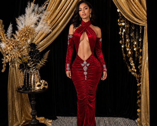 The Ultimate Red Velvet Maxi Dress with Criss-Cross Halter & Crystal Brooch
