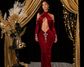 The Ultimate Red Velvet Maxi Dress with Criss-Cross Halter & Crystal Brooch
