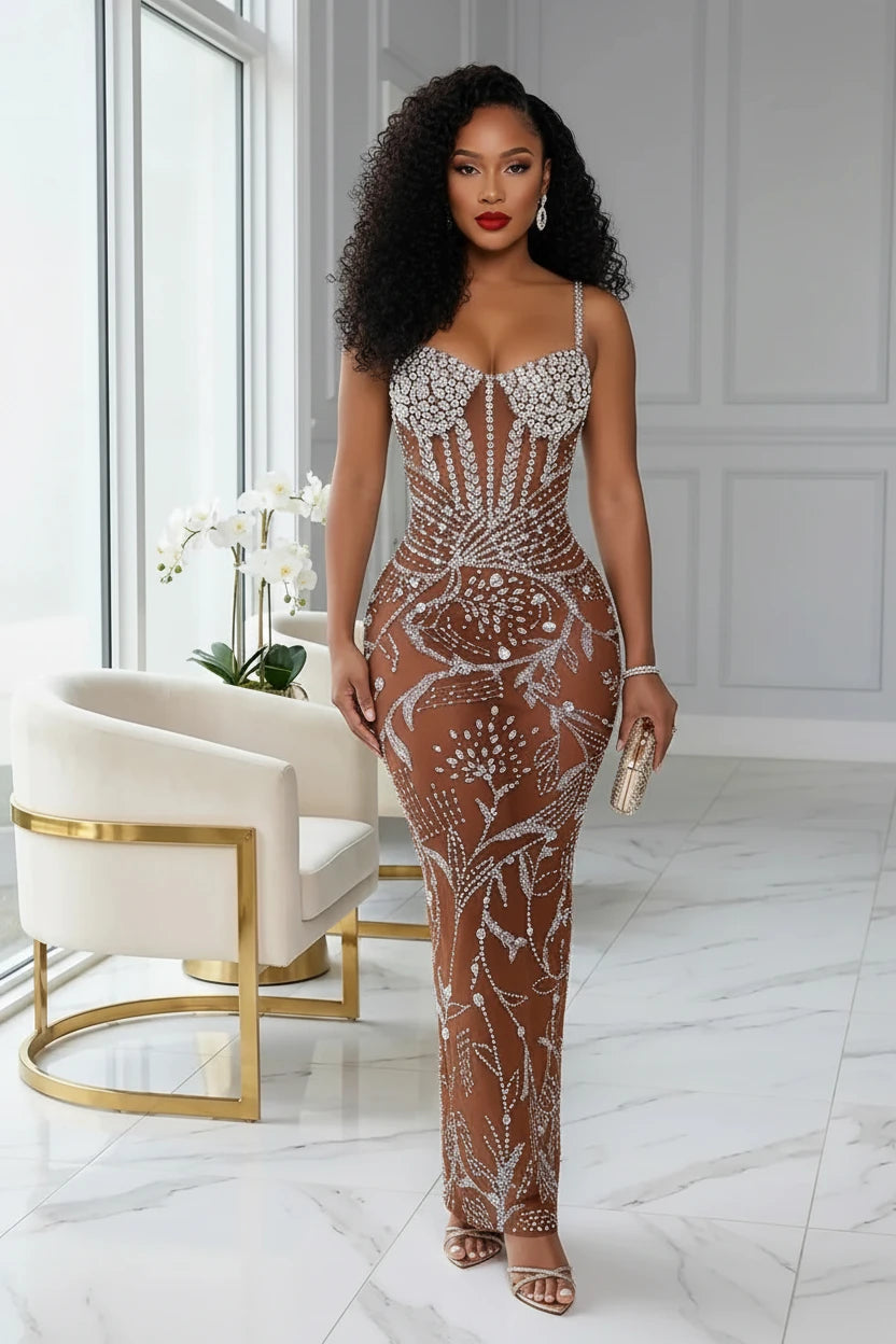 Yembi Fashion brown crystal maxi dress with sweetheart corset cups, thin straps, sheer chocolate brown nude illusion mesh, and floral silver rhinestone branch patterns