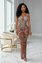 Yembi Fashion brown crystal maxi dress with sweetheart corset cups, thin straps, sheer chocolate brown nude illusion mesh, and floral silver rhinestone branch patterns