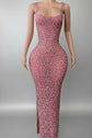Rhinestone Long Dress in Pink – Stretch Mesh Bodycon Evening Party Dress