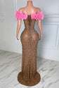 Yembi Fashion pink ruffled maxi dress with off the shoulder sweetheart neckline, sheer nude illusion mesh, silver crystals, and bold pink 3D ruffled fabric trim