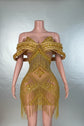 Yembi Fashion crystal embellished gold mini dress with rhinestone illusion bodice and structured off the shoulder straps