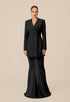 Yembi Fashion luxury black blazer mermaid gown featuring a structured tuxedo jacket bodice and a dramatic sheer pleated mermaid train skirt