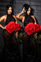 Yembi Fashion black crystal halter dress with sheer mesh, geometric diamond grid pattern, and jet-black rhinestone teardrops