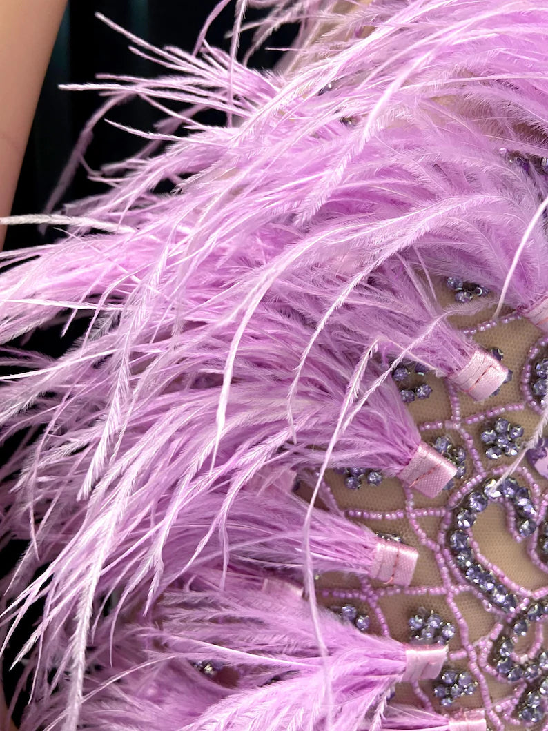 Yembi Fashion feather crystal embellished lavender mini dress with rhinestone illusion bodice and premium ostrich feathers