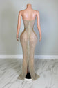 Yembi Fashion silver rhinestone maxi dress with strapless neckline, sheer nude illusion mesh, and dense vertical lines of silver crystals and pearls