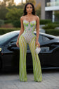 Gold Rhinestone Corset Jumpsuit Sheer Long Sleeve Catsuit Luxury Party Wear Yembi Fashion