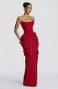 Yembi Fashion luxury red strapless maxi gown featuring a structured corset bodice and a dramatic draped basque waist skirt