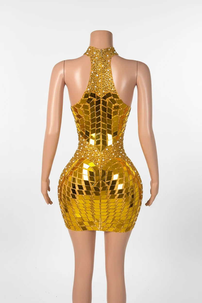 Yembi Fashion gold mirror mini dress with high halter neck, geometric shattered glass mirror pieces, and white pearl embellishments