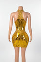 Yembi Fashion gold mirror mini dress with high halter neck, geometric shattered glass mirror pieces, and white pearl embellishments