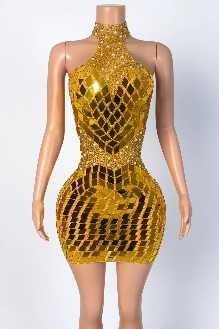Yembi Fashion gold mirror mini dress with high halter neck, geometric shattered glass mirror pieces, and white pearl embellishments