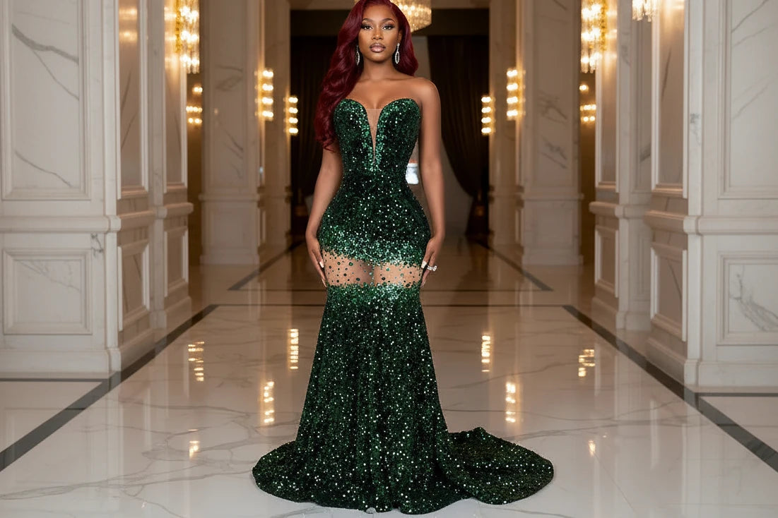 Yembi Fashion emerald green sequin prom dress with strapless sweetheart neckline, sheer mesh thigh panel, and formal mermaid train