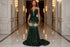 Yembi Fashion emerald green sequin prom dress with strapless sweetheart neckline, sheer mesh thigh panel, and formal mermaid train