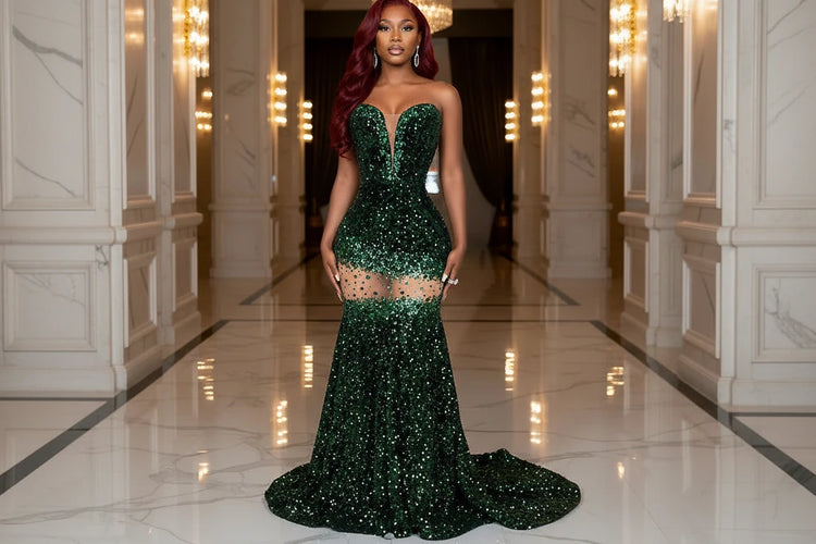 Yembi Fashion emerald green sequin prom dress with strapless sweetheart neckline, sheer mesh thigh panel, and formal mermaid train