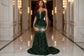 Yembi Fashion emerald green sequin prom dress with strapless sweetheart neckline, sheer mesh thigh panel, and formal mermaid train