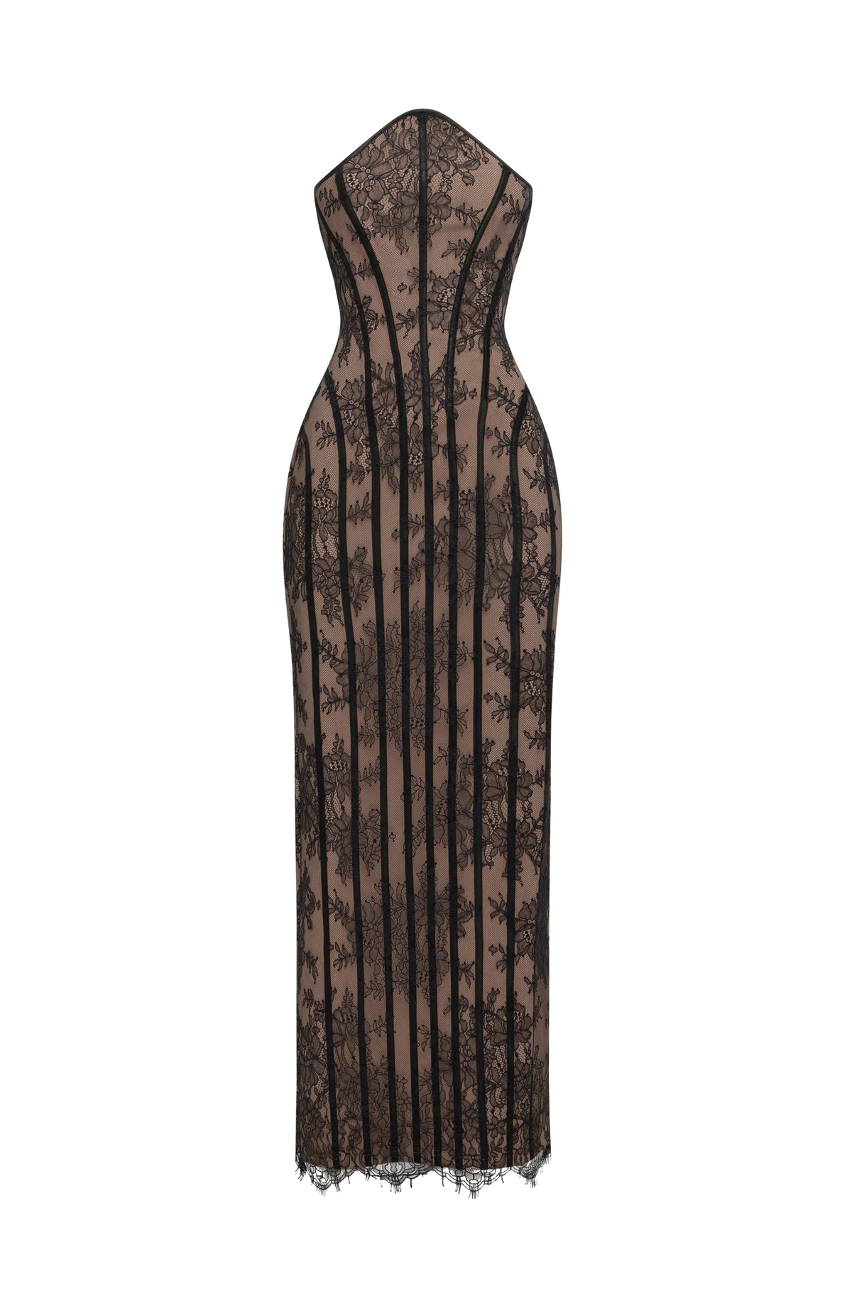 Yembi Fashion luxury black lace maxi gown featuring a strapless structural corset bodice with vertical black velvet panelled lines over a warm nude lining