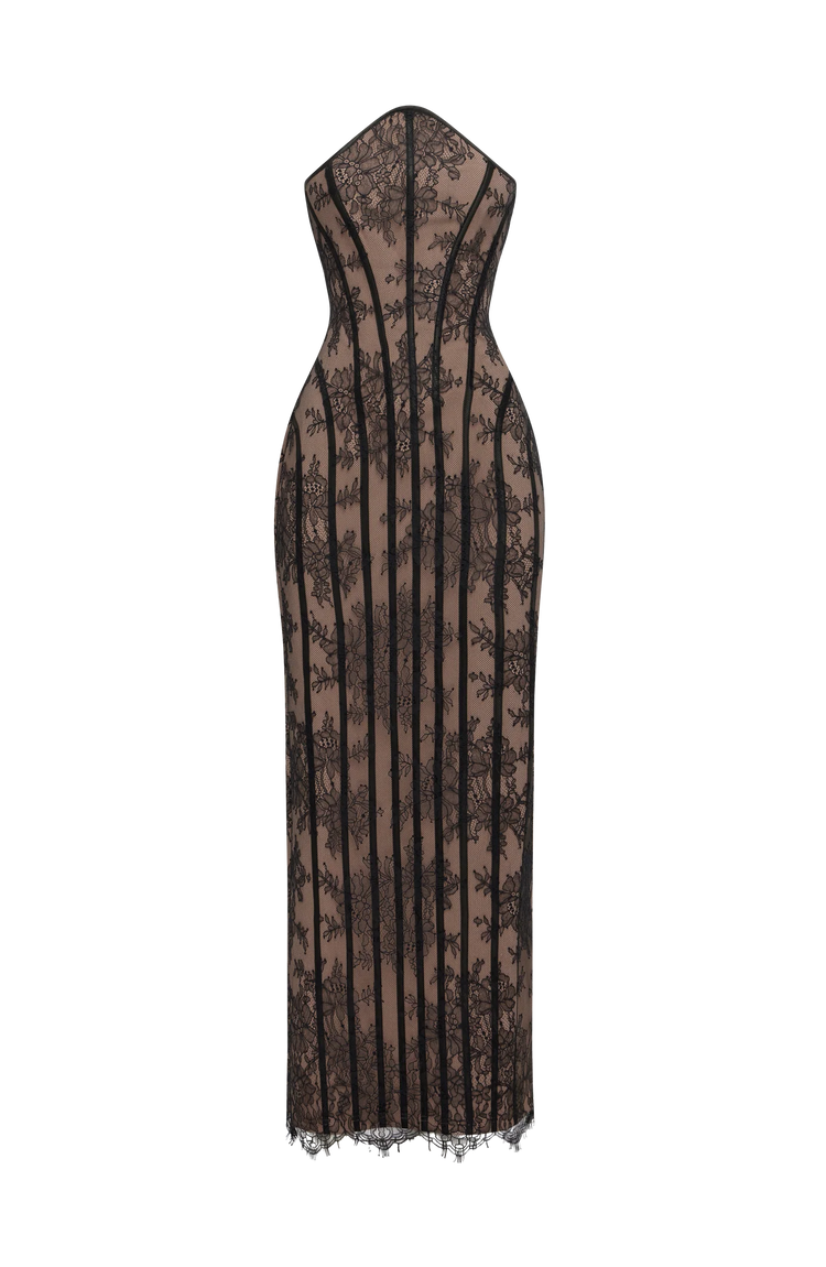 Yembi Fashion luxury black lace maxi gown featuring a strapless structural corset bodice with vertical black velvet panelled lines over a warm nude lining