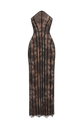 Yembi Fashion luxury black lace maxi gown featuring a strapless structural corset bodice with vertical black velvet panelled lines over a warm nude lining