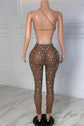 Yembi Fashion luxury brown fishnet rhinestone jumpsuit featuring an asymmetric one-shoulder keyhole cutout bodice encrusted with large crystal rhinestones