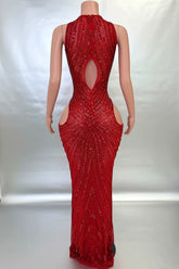 Yembi Fashion red rhinestone maxi dress with dramatic chest and hip cutouts, high neck, and vertical crystal line detailing
