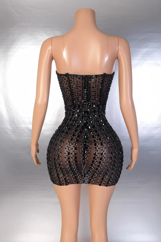 Yembi Fashion black crystal mini dress with structured sculptural petal bodice and vertical beaded sheer mesh skirt