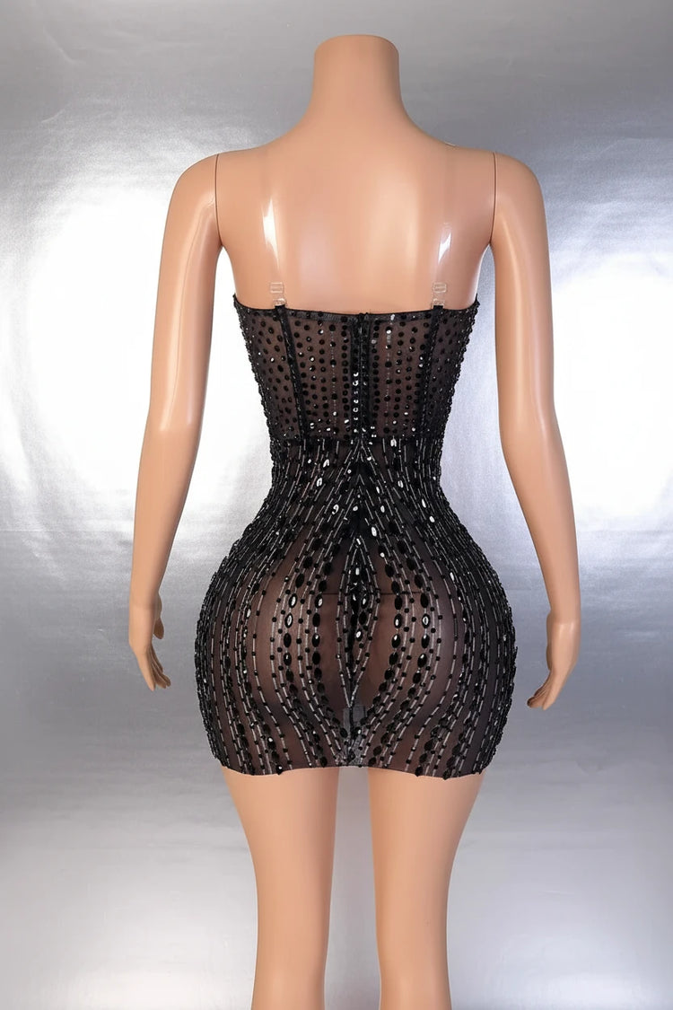 Yembi Fashion black crystal mini dress with structured sculptural petal bodice and vertical beaded sheer mesh skirt