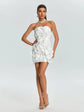 Yembi Fashion luxury white floral applique mini dress featuring a strapless sweetheart silhouette with large 3D flower appliques and scattered sparkly rhinestones