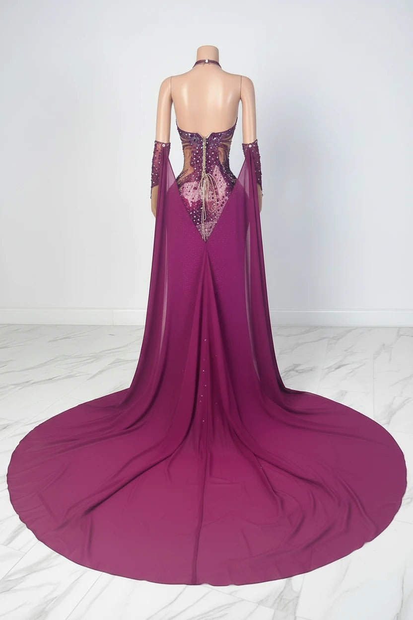 Yembi Fashion purple crystal maxi dress with nude illusion mesh, vertical wavy amethyst rhinestone patterns, high thigh slit, and detachable chiffon cape train