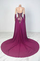 Yembi Fashion purple crystal maxi dress with nude illusion mesh, vertical wavy amethyst rhinestone patterns, high thigh slit, and detachable chiffon cape train