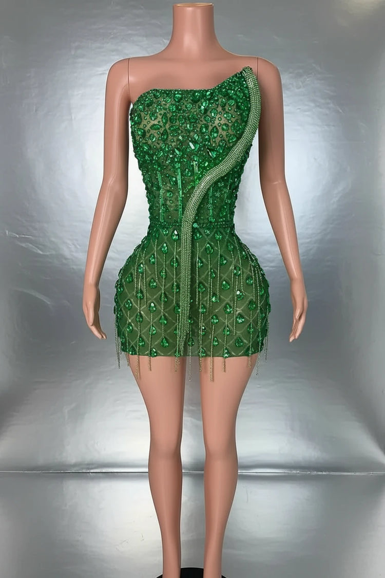 Yembi Fashion green crystal mini dress with asymmetric one shoulder neckline, teardrop emerald rhinestones, and vertical beaded fringe