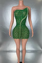 Yembi Fashion green crystal mini dress with asymmetric one shoulder neckline, teardrop emerald rhinestones, and vertical beaded fringe