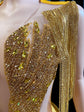 Eve Embellished Mini Dress in Gold with intricate rhinestone detailing, perfect for glamorous events and special occasions."
