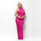 A long pink prom dress with delicate embellishments, perfect for formal occasions.