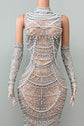 Yembi Fashion silver rhinestone maxi dress with high mock neck, sheer beige nude illusion mesh, geometric scalloped patterns of crystals and white pearls, and matching embellished gloves