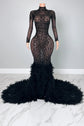 Yembi Fashion emerald green sequin prom dress with strapless sweetheart neckline, sheer mesh thigh panel, and formal mermaid train