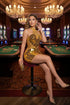 Yembi Fashion gold mirror mini dress with high halter neck, geometric shattered glass mirror pieces, and white pearl embellishments