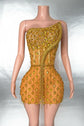 Luxury Gold Rhinestone One-Shoulder Mini Dress | Glam Party Dress for Women
