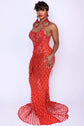 Yembi Fashion red rhinestone mermaid gown with strapless corset bodice, sheer nude-illusion mesh, and heavy geometric crystal lattice beading