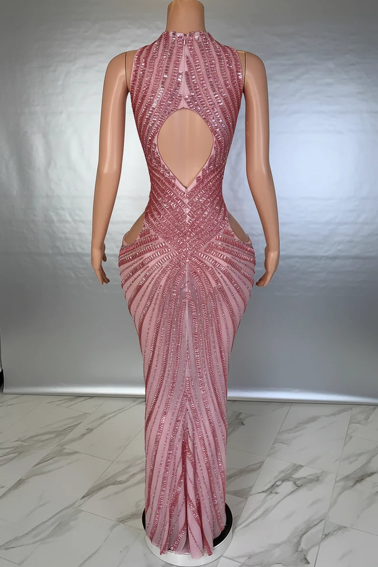 Yembi Fashion hot pink rhinestone maxi dress with dramatic chest and hip cutouts, high neck, and vertical fuchsia crystal line detailing