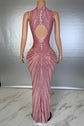 Yembi Fashion hot pink rhinestone maxi dress with dramatic chest and hip cutouts, high neck, and vertical fuchsia crystal line detailing