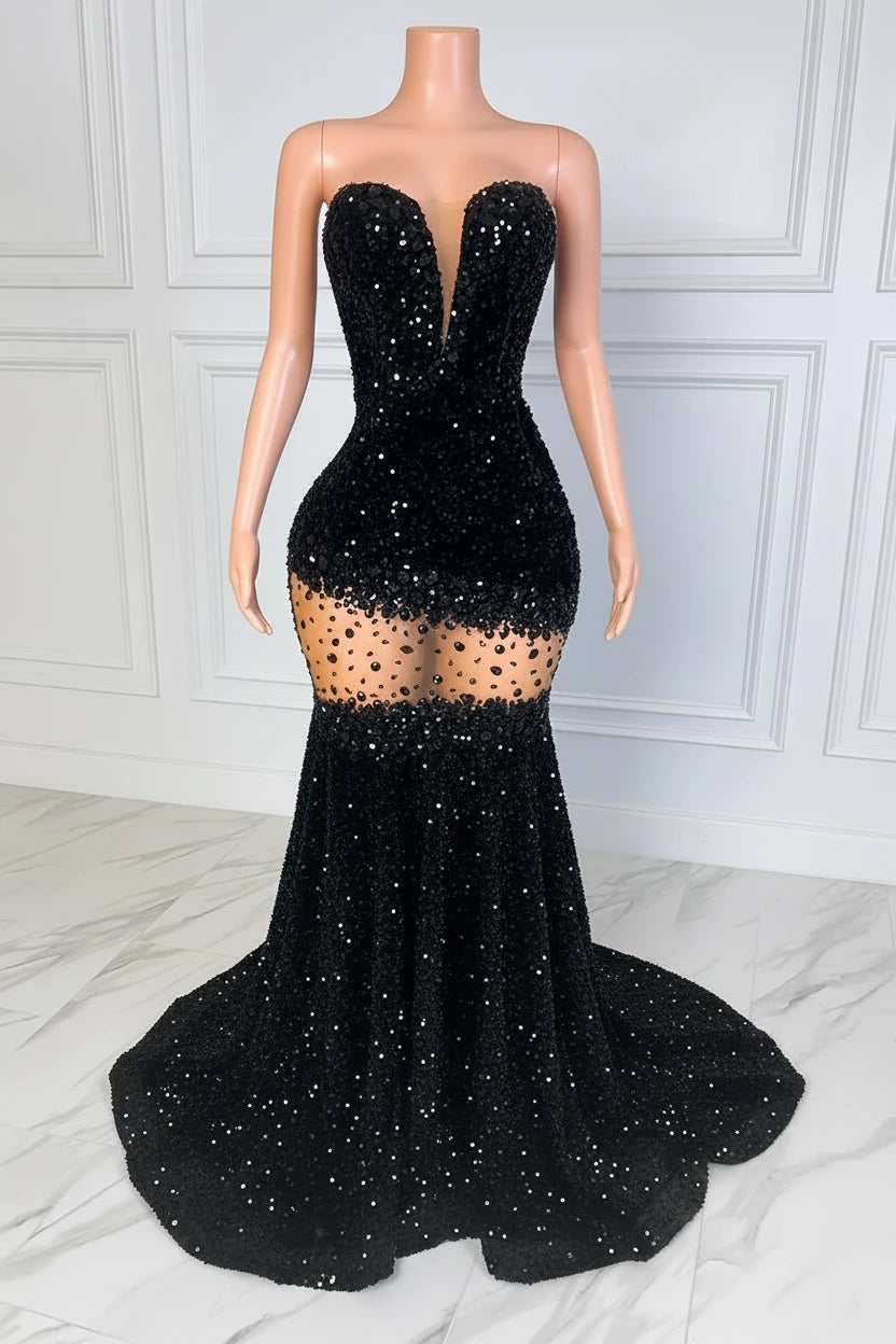 Yembi Fashion emerald green sequin prom dress with strapless sweetheart neckline, sheer mesh thigh panel, and formal mermaid train