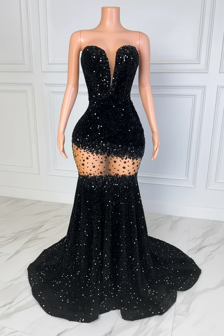 Yembi Fashion emerald green sequin prom dress with strapless sweetheart neckline, sheer mesh thigh panel, and formal mermaid train